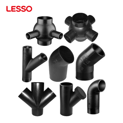 LESSO พลาสติกสีดำ ทนการกัดกร่อน ข้อต่อท่อ HDPE 75 90 110 มม. ข้อต่องอ 45 90 91.5 องศา 